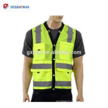 Classe 2 100% Polyester Mesh Outdoor Work Lime jaune arpenteur Salut Viz réfléchissant Gilet de sécurité avec Pen Pocket et poche de téléphone